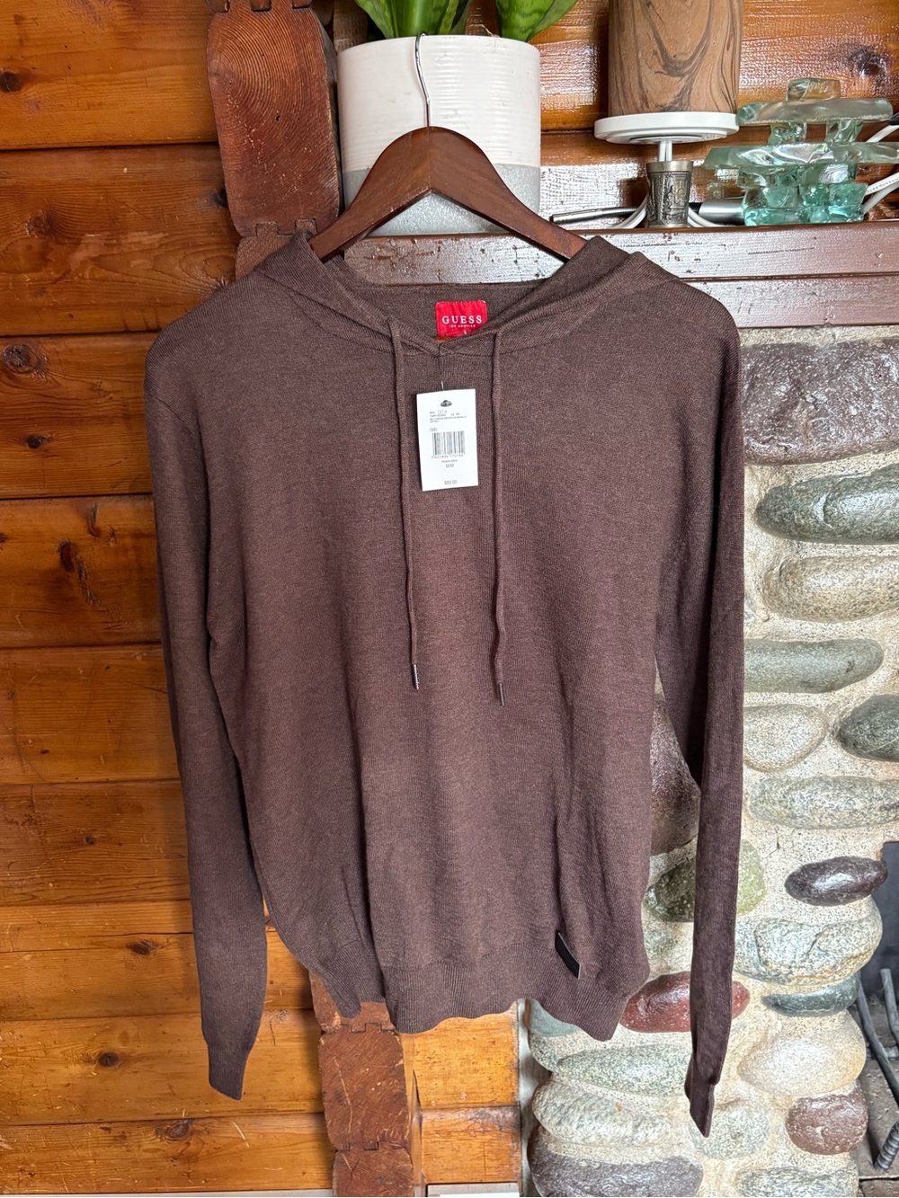 NWT GUESS Wool Blend Lightweight Knit Hoodie Sweater Brown size Medium